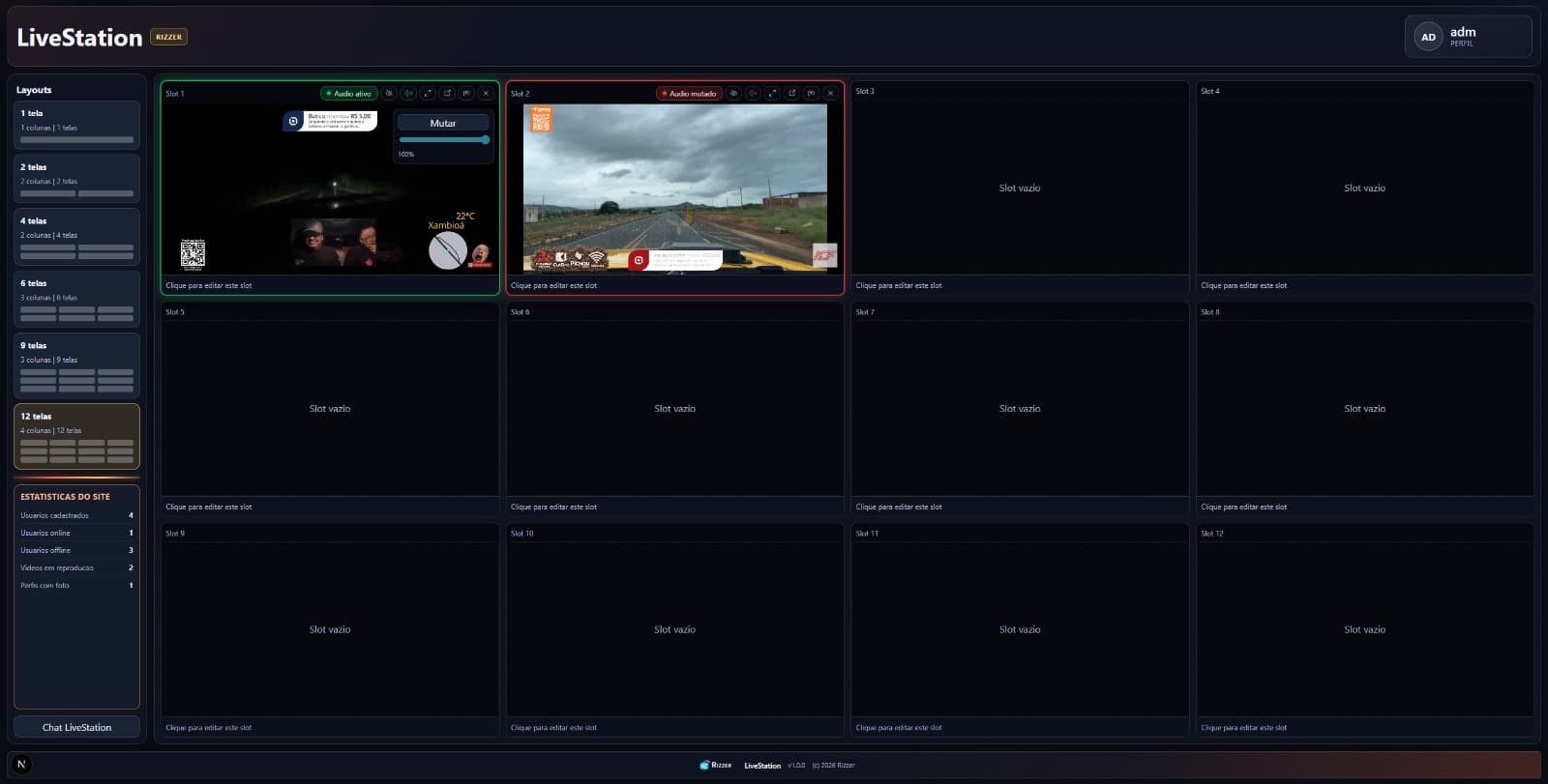 Preview da plataforma LiveStation em funcionamento com varias lives ao mesmo tempo.